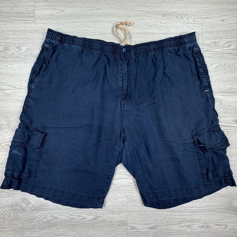Tommy Bahama Mens Shorts Cargo Linen Elastic Waist Navy Blue XL Relaxed Fit